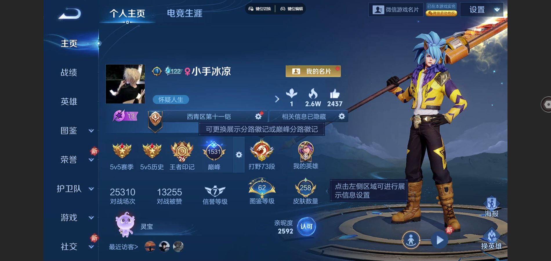 王者荣耀账号苹果VX125英雄-258皮肤-高胜率号 各种万战金标 带妹首选 258皮肤2典藏2无双11传说 王者印记2