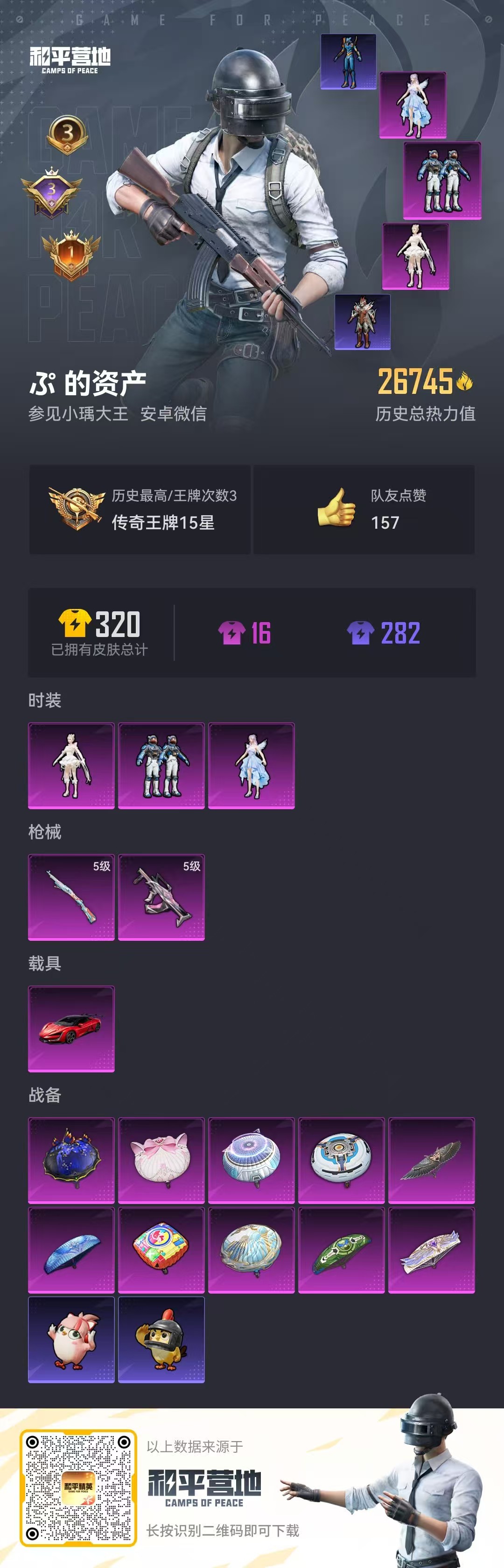 和平精英账号安卓微信1载具-192套装-83枪皮-L1393，安卓微信，3粉装-2粉枪-1载具-0珍稀飞行器-52套装-