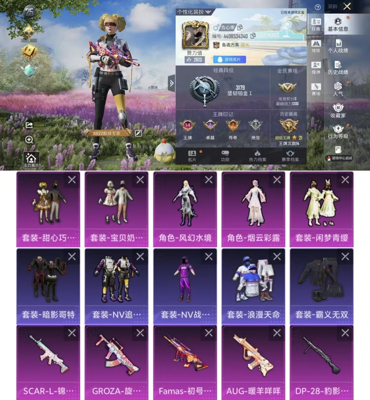 和平精英账号苹果QQ实名: 可修改 时装数: 700 枪械数: 191 战备数: 130 热门装扮: 甜心巧克力,宝贝奶