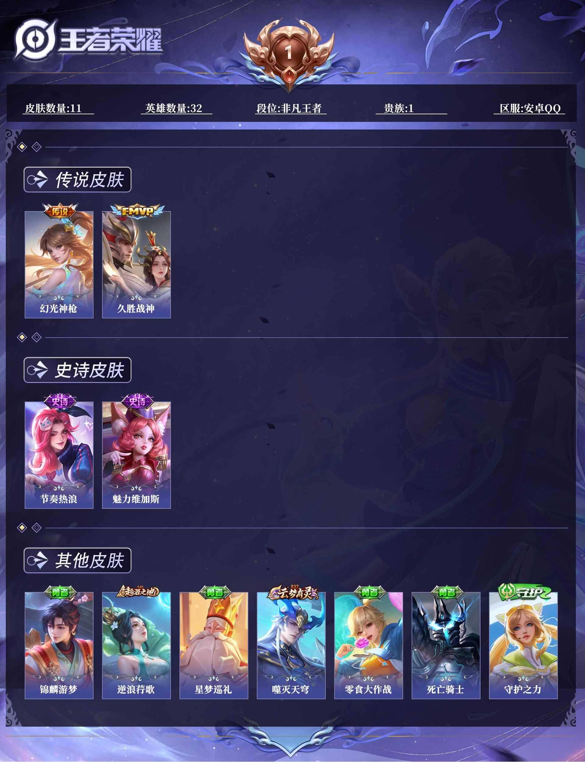 王者荣耀账号安卓QQ32英雄-11皮肤-0ASNGO可二次传说2

新传说皮肤：幻光神枪,
传说皮肤：久胜战神,
史诗皮肤：节奏热浪,魅力维加斯,
"