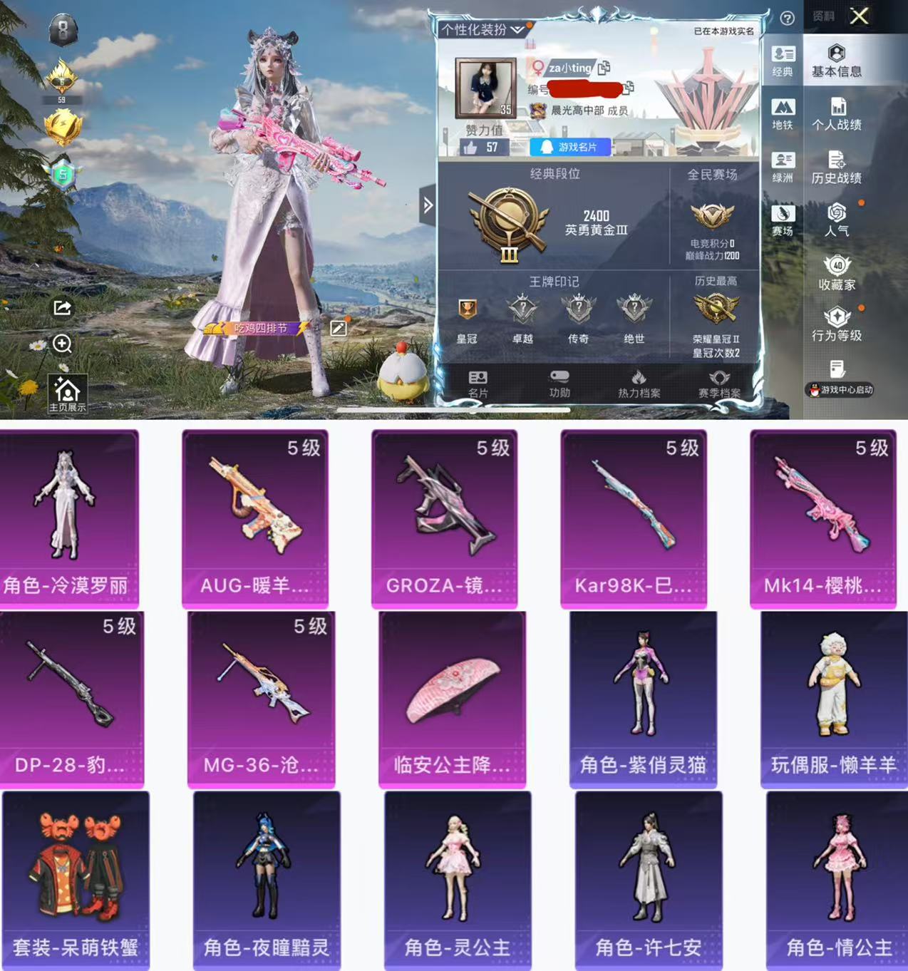 和平精英账号苹果QQ0载具-59套装-118枪皮-H12280苹果Q区-1粉装-6特效枪-27046热力值-59套装-1