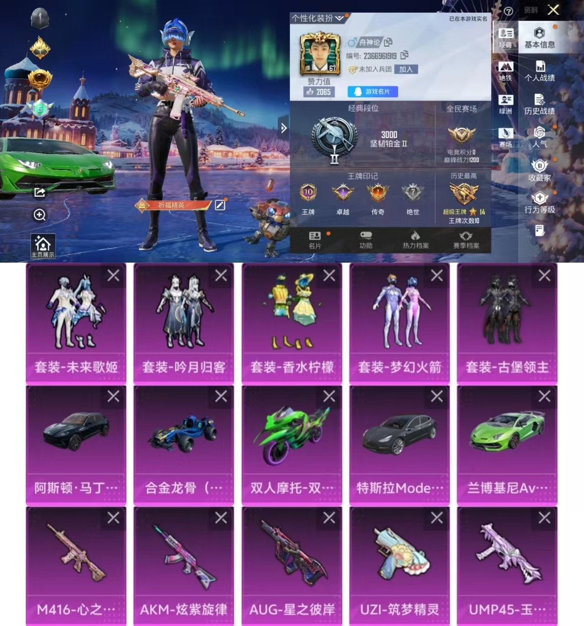 和平精英账号安卓QQ实名: 可修改 时装数: 495 载具数: 5 枪械数: 186 战备数: 112 热门装扮: 奇异