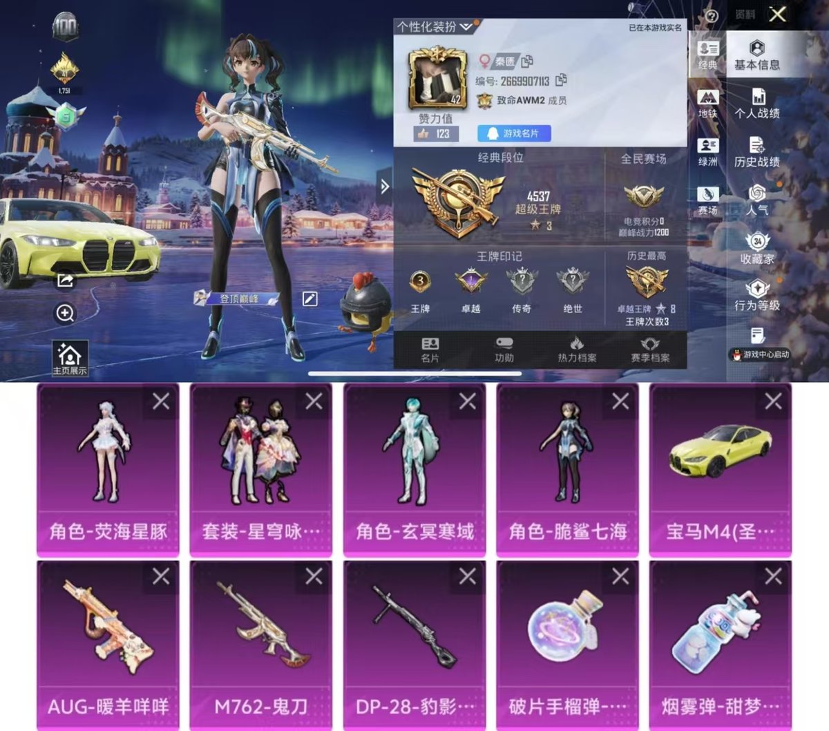 和平精英账号苹果QQ1载具-31套装-62枪皮-实名: 可修改 时装数: 124 载具数: 1 枪械数: 62 战备数: