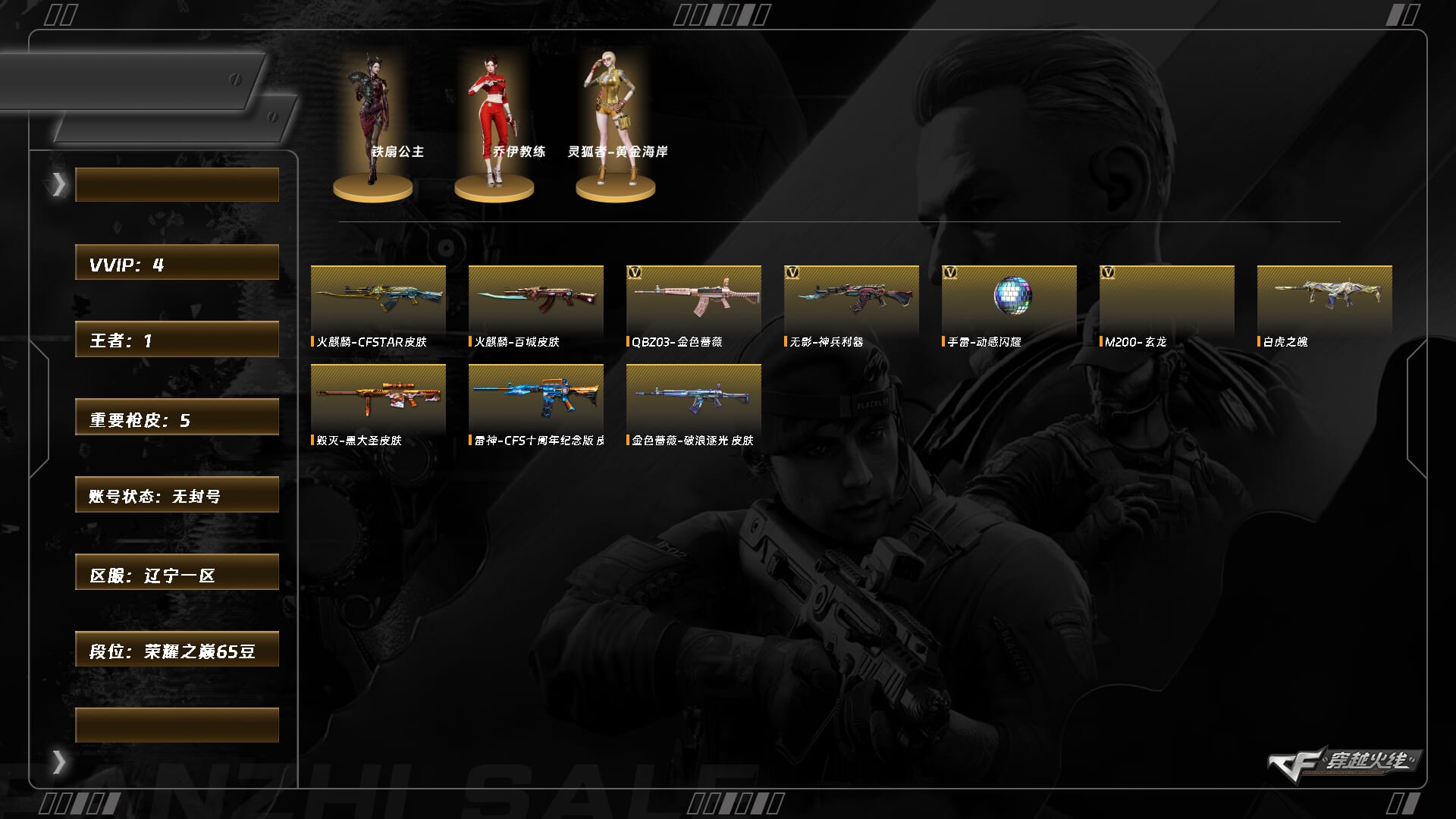 穿越火线账号北部战区辽宁一区9674/北部/辽宁一区/可排位/【荣耀之巅65豆】【Lv.101 大元首】VIP1/3V/QBZ金