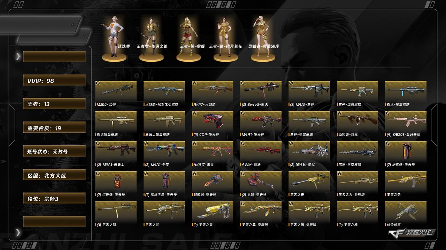 穿越火线账号北部战区[16064434]8086/北部/北方大区/可排位/96v/幻神/QBZ金色蔷薇/*4/朱雀/朱雀