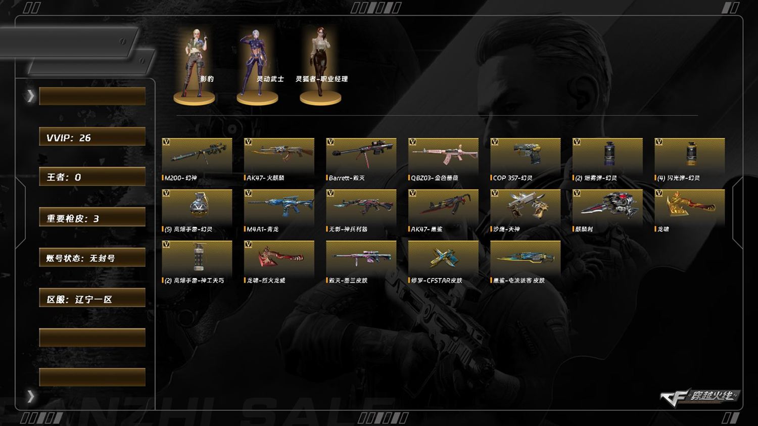 穿越火线账号北部战区辽宁一区8087/北部/辽宁一区/可排位/26v/幻神/QBZ金色蔷薇/COP幻灵/QBZ金色蔷薇/青龙/毁