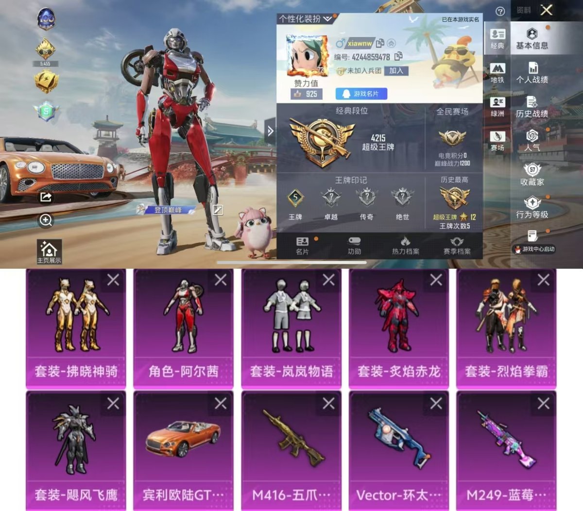 和平精英账号苹果QQ实名: 可修改 时装数: 712 载具数: 1 枪械数: 179 战备数: 141 热门装扮: 浪漫