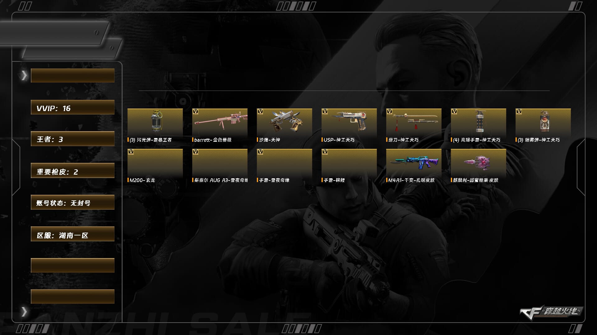 穿越火线账号南部战区湖南一区9684/南部/湖南一区/【排位小号】/可排位/【Lv.31 少尉4】/11V/巴雷特金色蔷薇/US