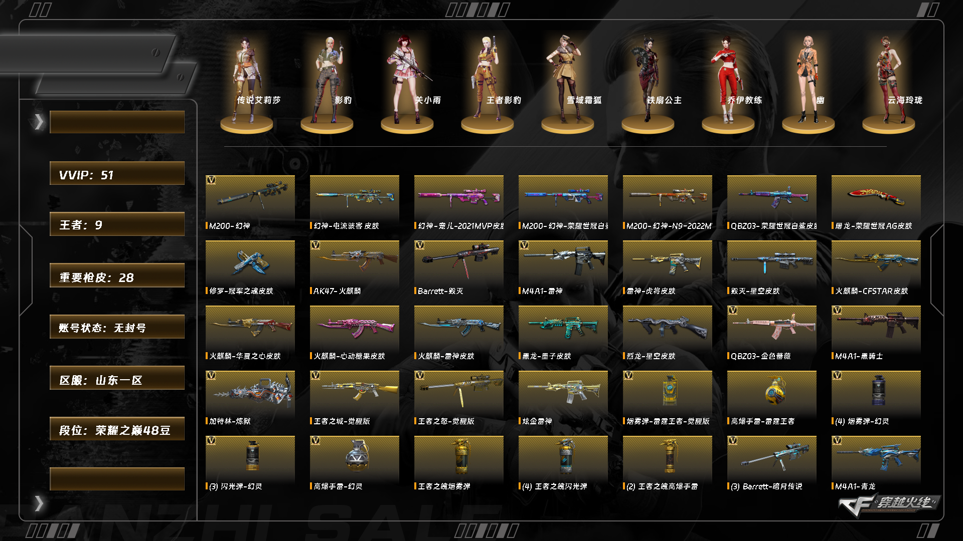 穿越火线账号北部战区山东一区10395/北部/山东一区/钱包注销/可排位/可二次/掌火ID：595171417/52V/传说艾丽