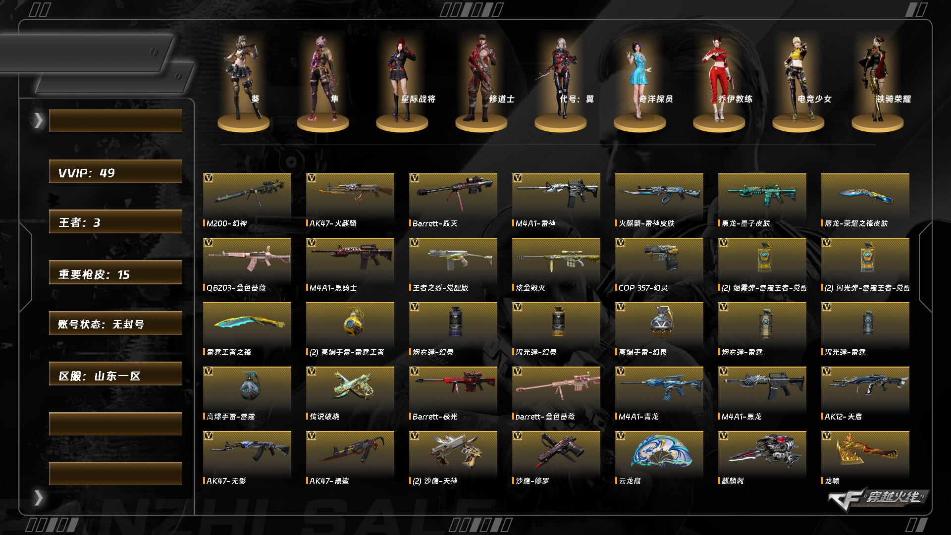 穿越火线账号北部战区山东一区9748/北部/山东一区/可排位/段位未定段/Lv.102 荣耀元帅/VIP5/49V/传说破晓/幻