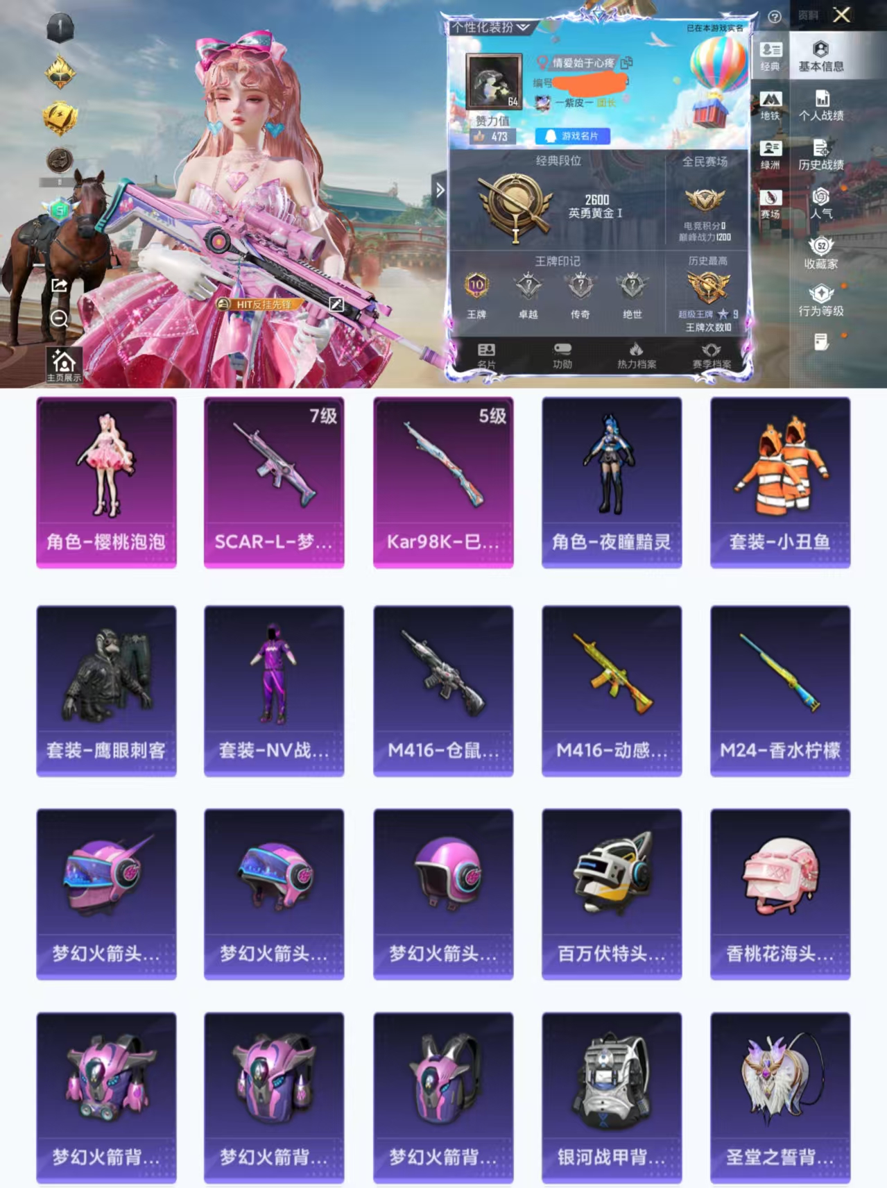 和平精英账号安卓QQ0载具-112套装-203枪皮-H12583安卓Q区-1粉装-2特效枪-50431热力值-10王牌印