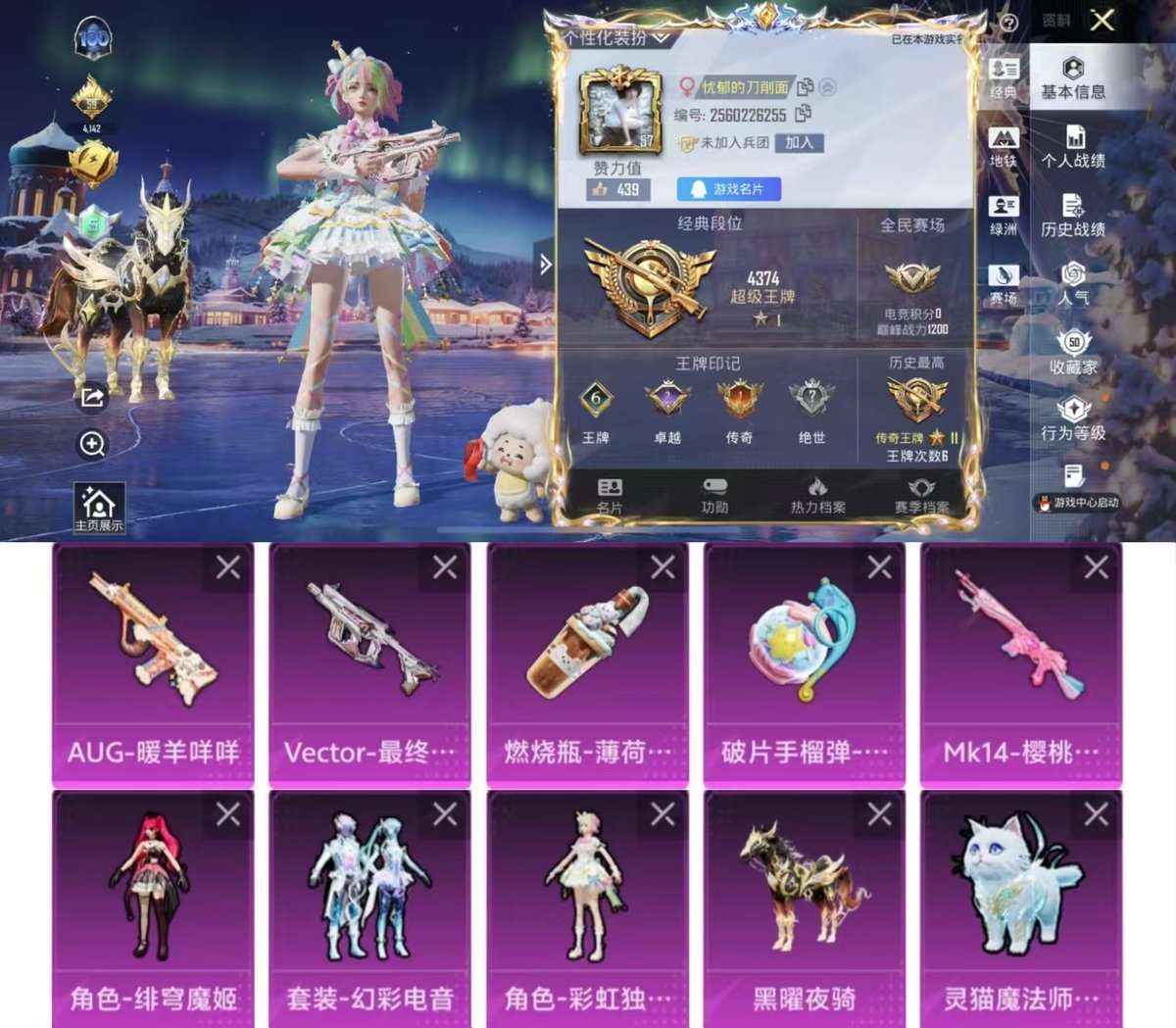 和平精英账号苹果QQ实名: 可修改 时装数: 253 载具数: 1 枪械数: 113 战备数: 94 热门装扮: 恶魔喵