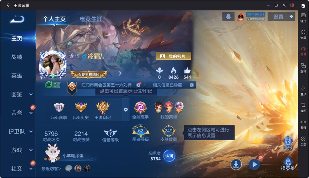 王者荣耀账号苹果QQMM505/苹果QQ/营地ID：1606994552/贵8/贵族积分1万/125英雄/249皮肤/地