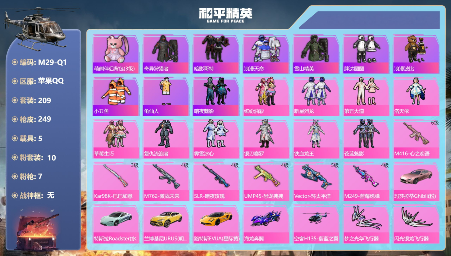 和平精英账号苹果QQ5载具-209套装-249枪皮-3稀有5载具10粉装7特效枪33热门209套装249枪皮 89772