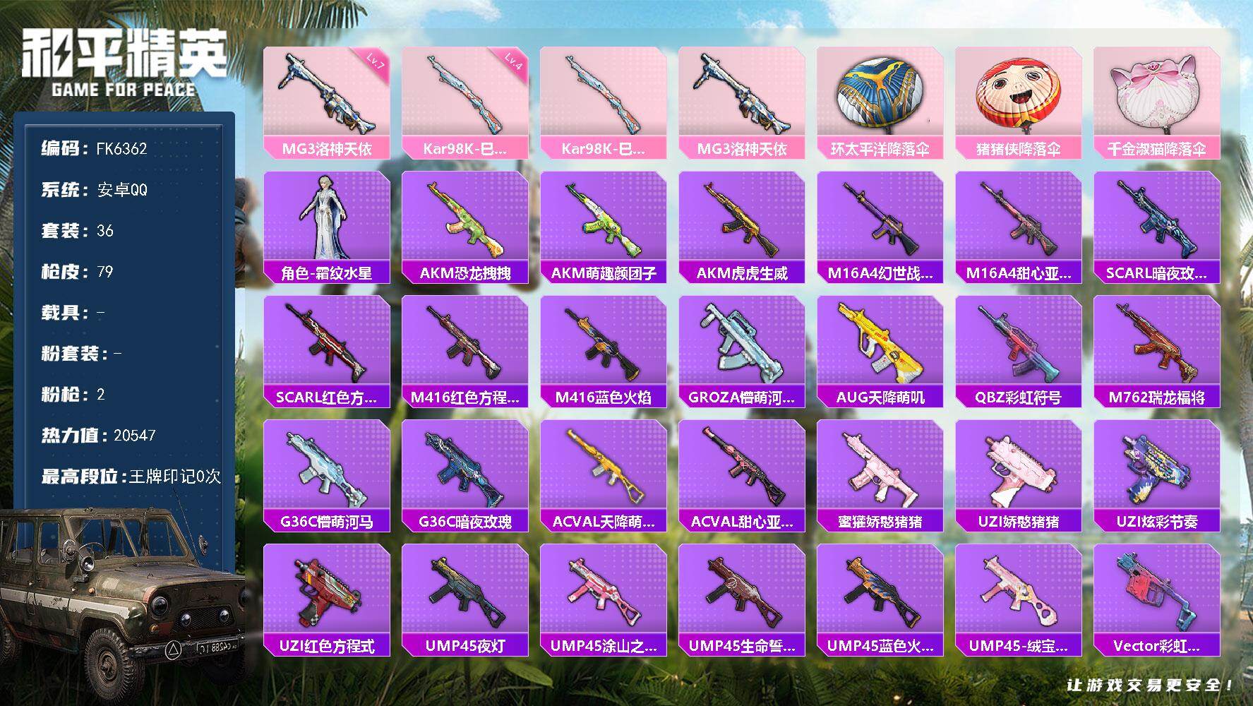 和平精英账号安卓QQ0载具-36套装-79枪皮-H12828【七级MG3-洛神天依-20547热力值-1王牌印记-角色-