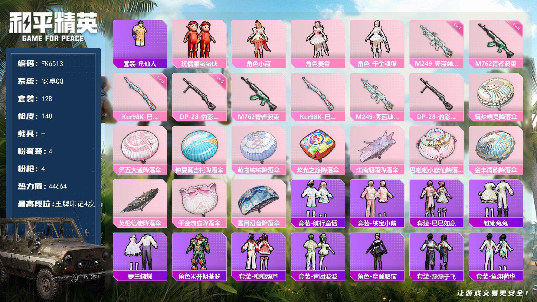 和平精英账号安卓QQ0载具-128套装-148枪皮-H12874【精品女号-4粉装4特效枪-玩偶服-猪猪侠，角色-小蓝，