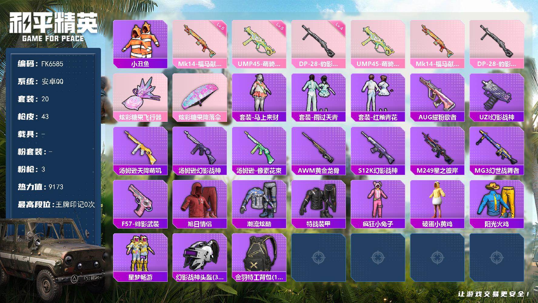 和平精英账号安卓QQ0载具-80套装-43枪皮-H12946地铁49点满天赋-安卓Q区-3特效枪-9413热力值-20套