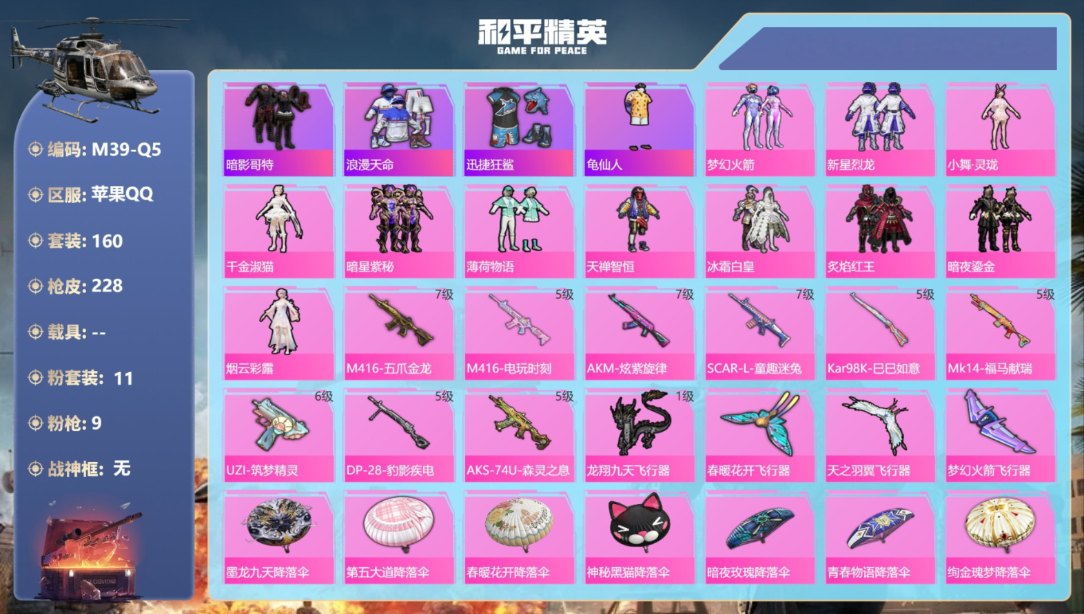 和平精英账号苹果QQ0载具-160套装-228枪皮-2稀有11粉装9特效枪11热门160套装228枪皮 74964热力值