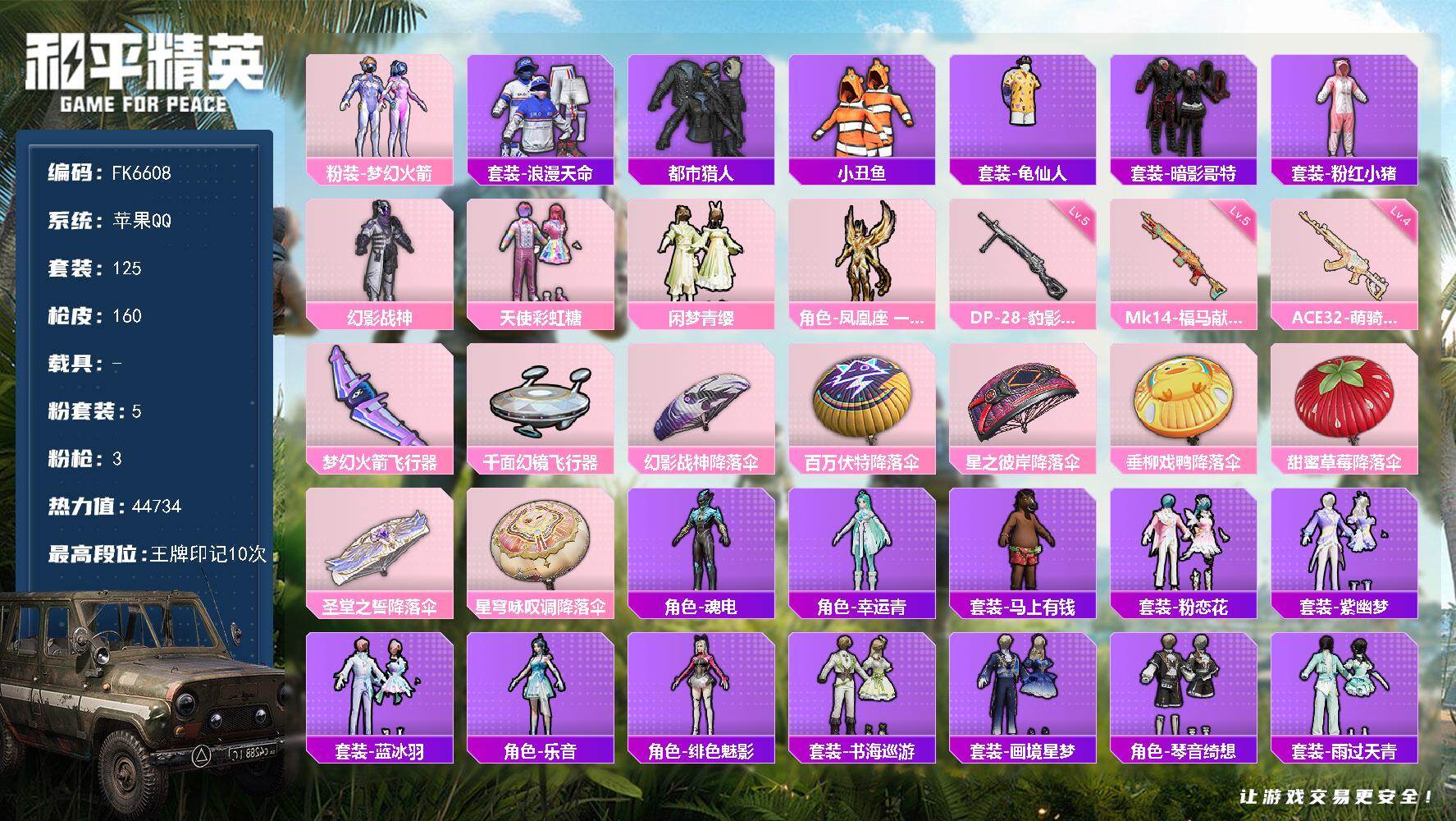 和平精英账号苹果QQ0载具-125套装-160枪皮-H12969苹果Q区-5粉装-3特效枪-44734热力值-10王牌印