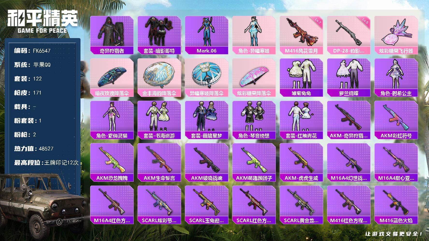 和平精英账号苹果QQ0载具-122套装-171枪皮-H12908苹果Q区-1粉装-2特效枪-48527热力值-12王牌印