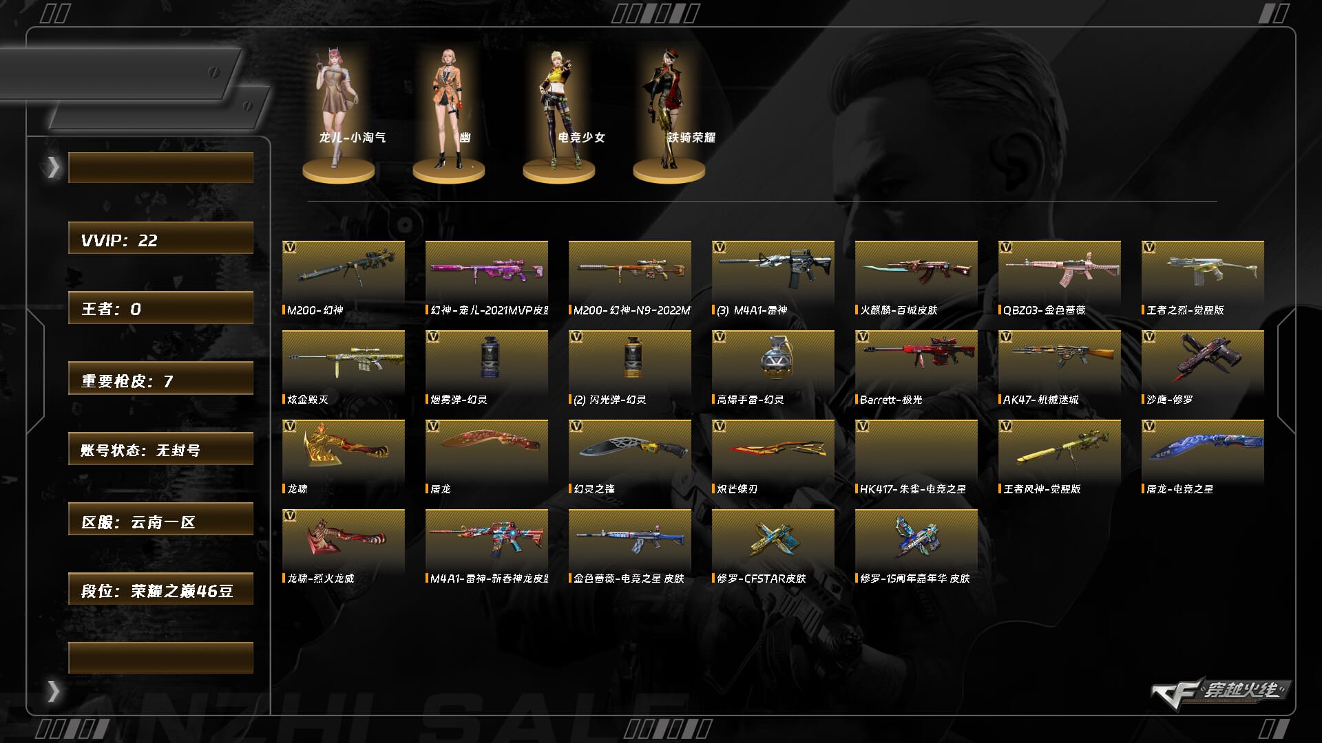 穿越火线账号西部战区云南一区9804/西部/云南一区/【荣耀之巅46豆】/Lv.102 荣耀元帅/VIP2/22V/幻神/幻神宠