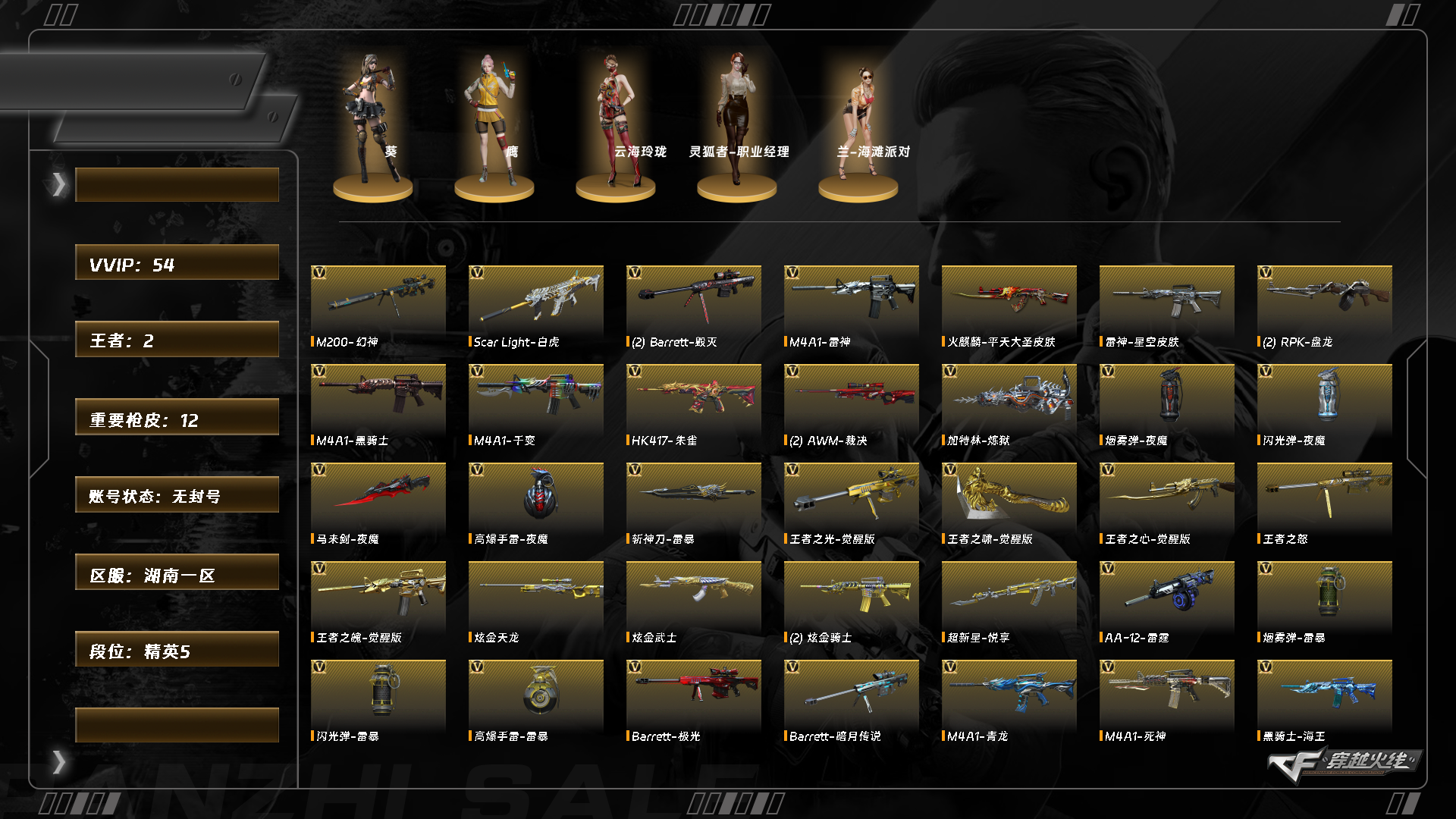 穿越火线账号南部战区湖南一区8417/ 南部/湖南一区/可排位/54v/幻神/王者风神/觉醒版/白虎/朱雀/青龙/天启/裁决/*