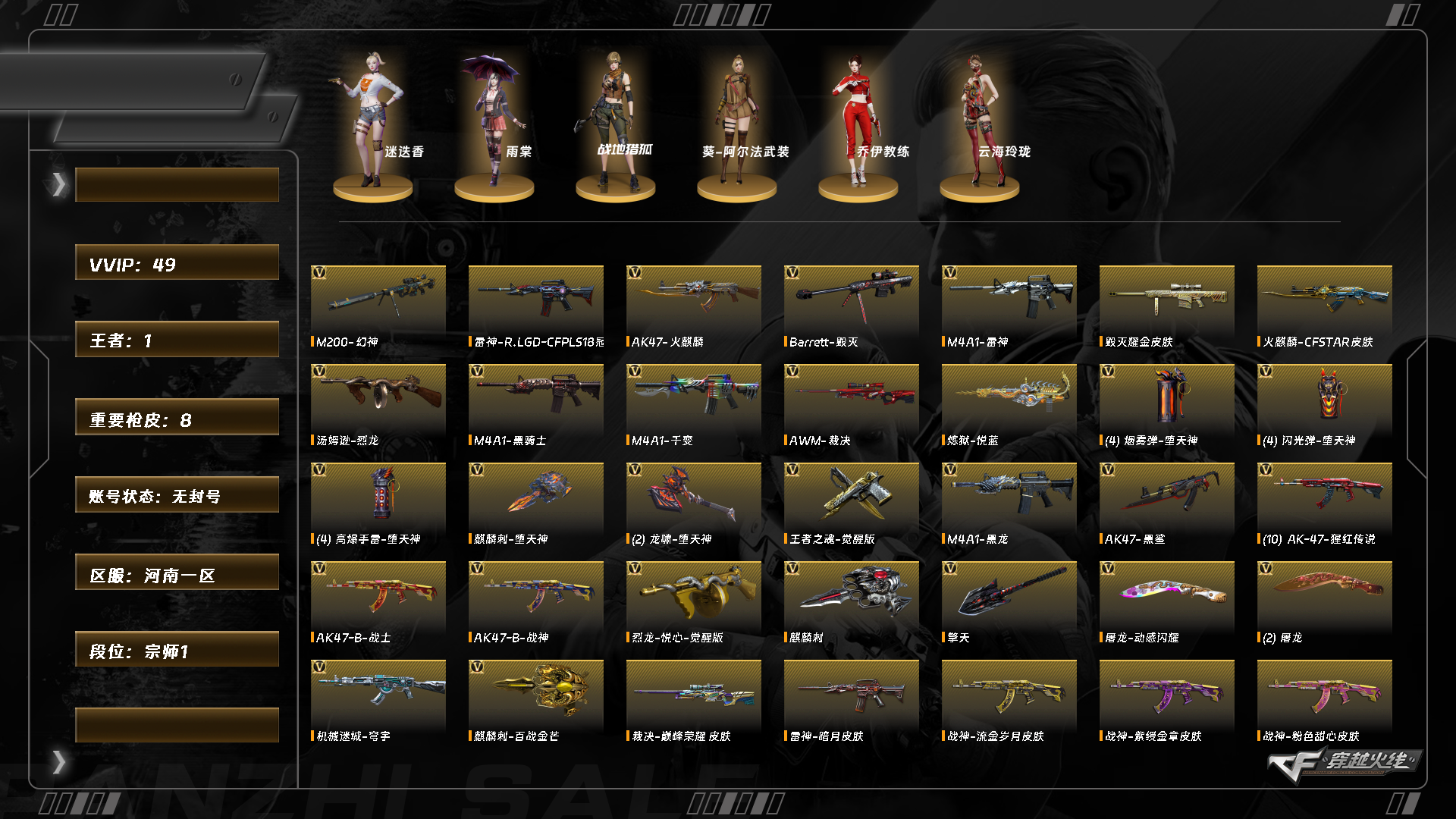 穿越火线账号北部战区河南一区8421/北部/河南一区/可排位/48v/幻神/千变/火麒麟/雷神/黑骑士/黑龙/黑鲨/机械迷城穹宇