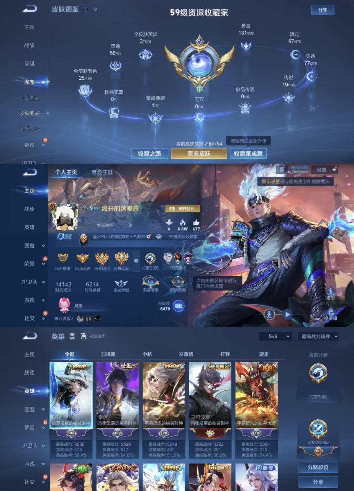 王者荣耀账号苹果QQ实名: 可修改 贵族等级: V8 英雄数: 128 皮肤数: 296 荣耀水晶: 弑枪猎影 传说皮: