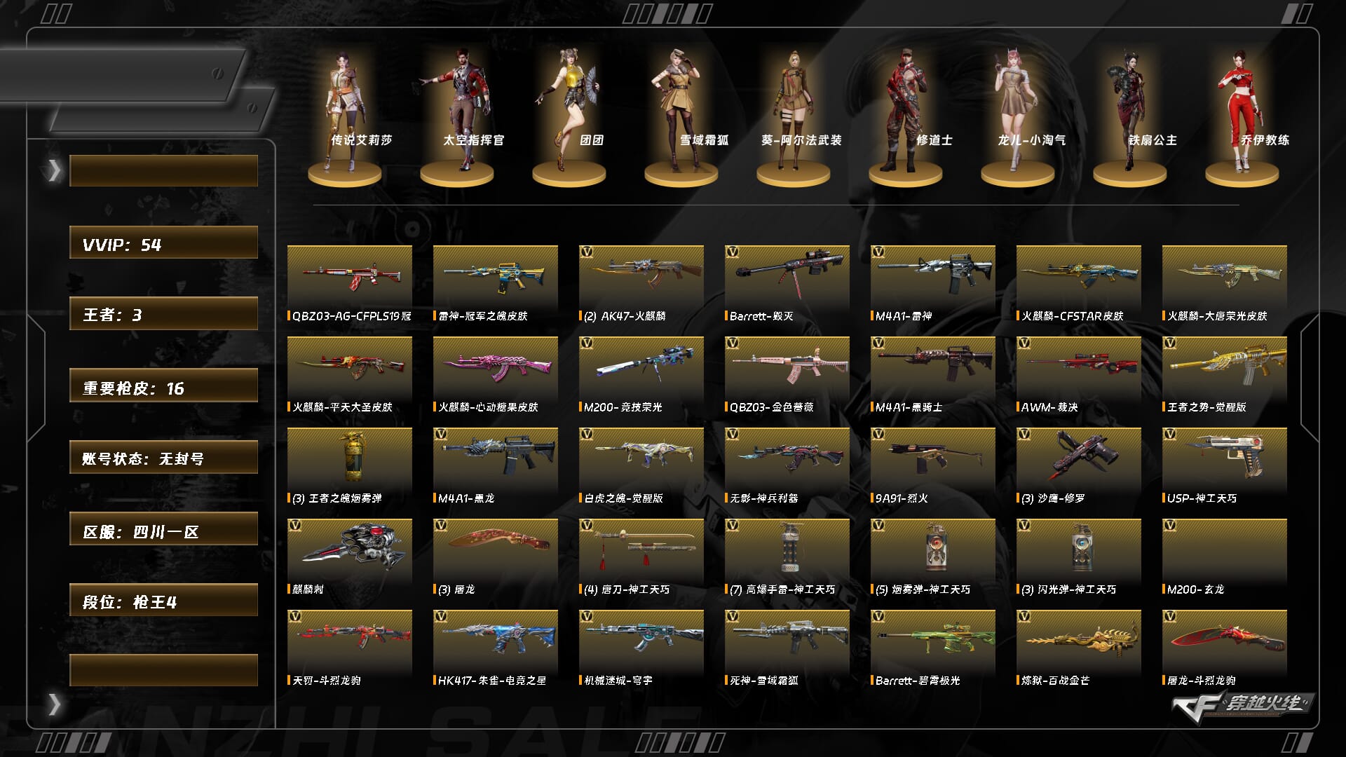穿越火线账号西部战区四川一区5830/西部/四川一区/【枪王4】/Lv.100 元首/VIP4/54V/【四防传说】/传说艾丽莎