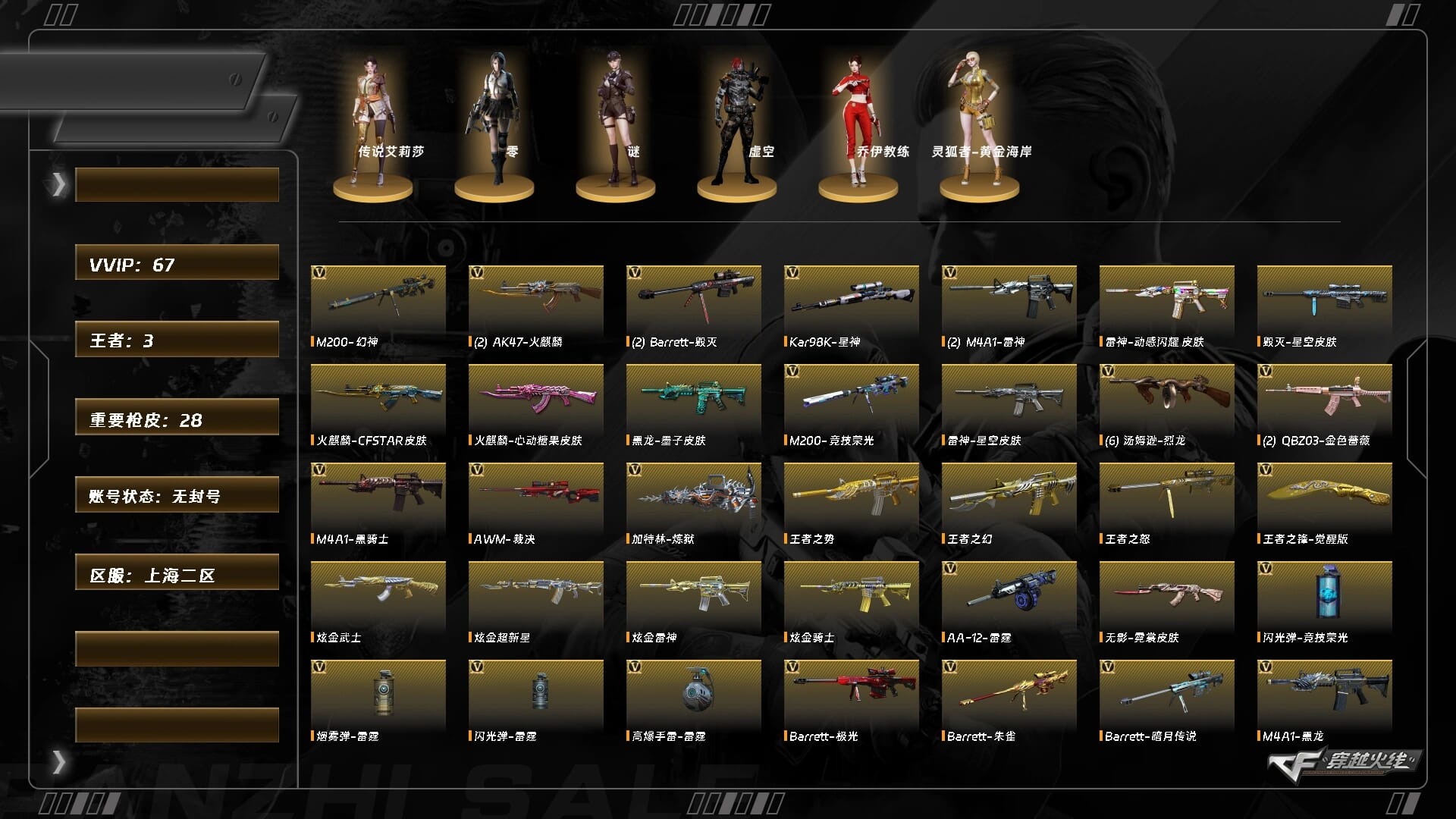 穿越火线账号东部战区上海二区5844/钱包提交强制/东部/上海二区/可排位/段位未定段/Lv.100 高阶大元帅/VIP6/67