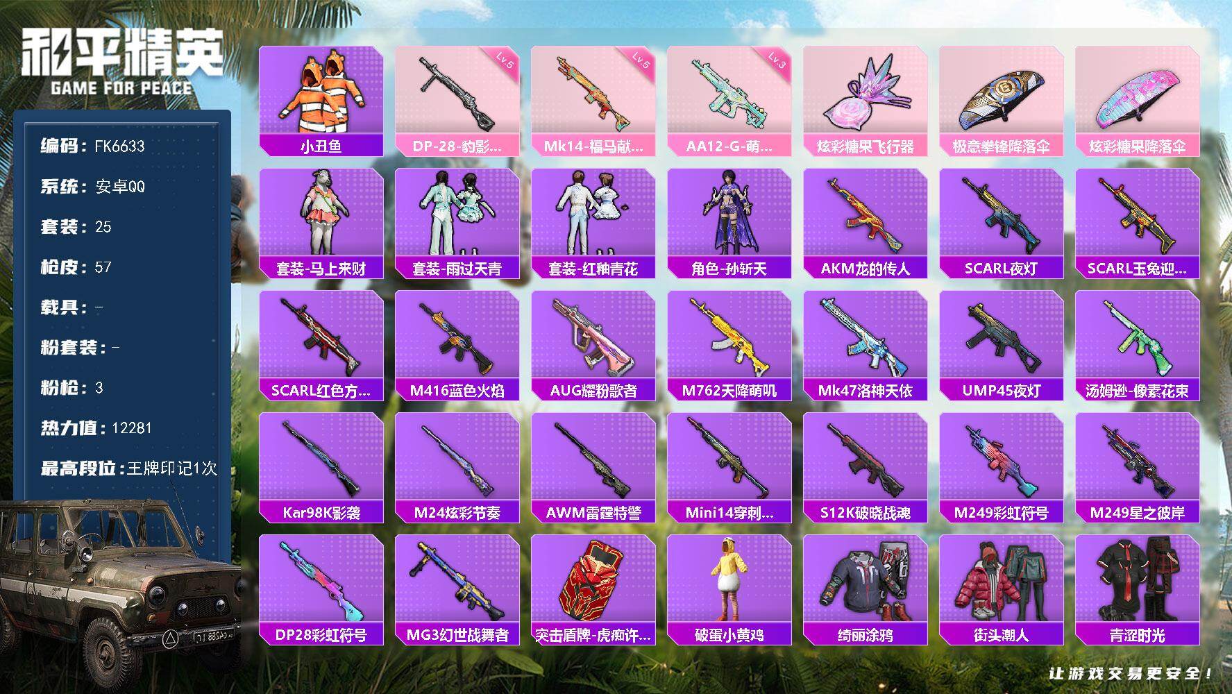 和平精英账号安卓QQ0载具-105套装-57枪皮-H12994安卓Q区-3特效枪-12281热力值-1王牌印记-25套装