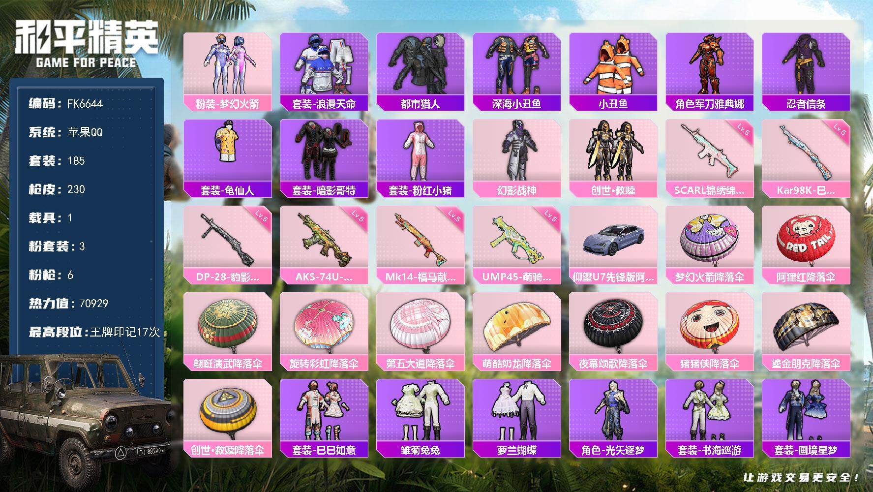 和平精英账号苹果QQ0载具-185套装-230枪皮-H13005苹果Q区-3粉装-6特效枪-70929热力值-17王牌印