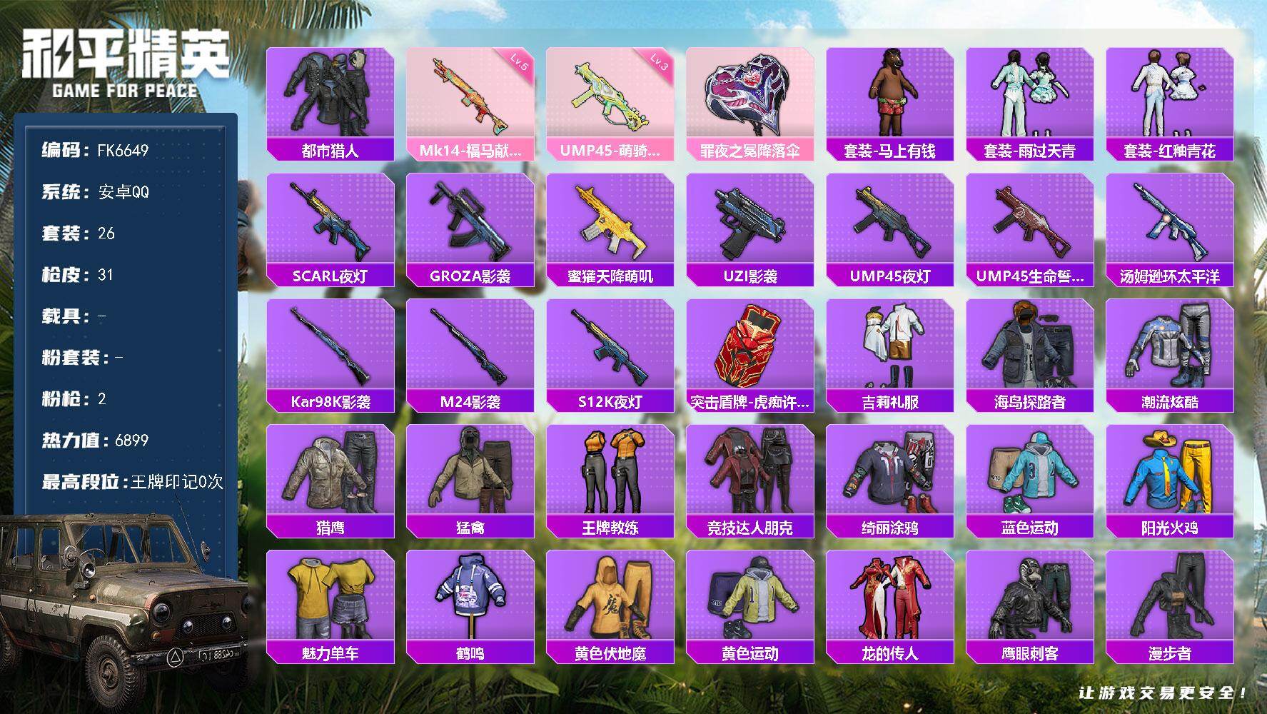 和平精英账号安卓QQ0载具-26套装-31枪皮-H13010安卓Q区-2特效枪-6899热力值-26套装-31枪皮【稀有