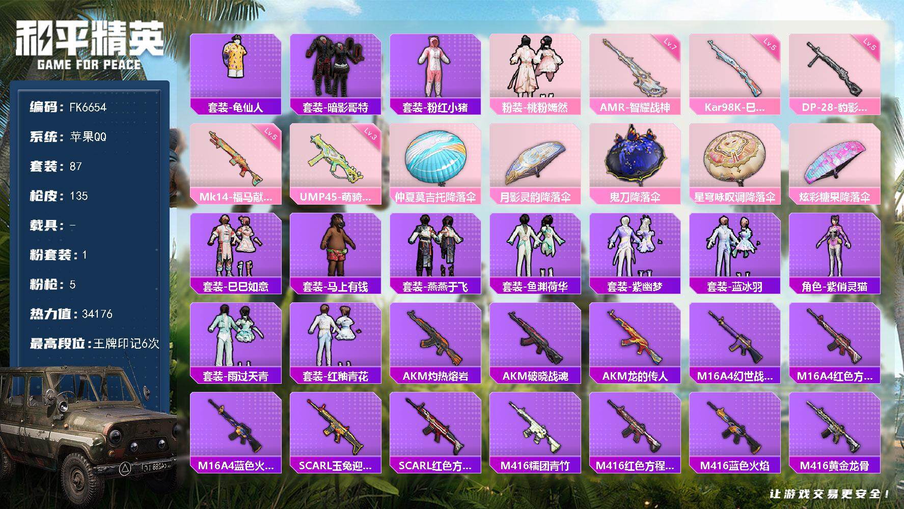 和平精英账号苹果QQ0载具-87套装-135枪皮-H13015苹果Q区-1粉装-5特效枪-34176热力值-6王牌印记-