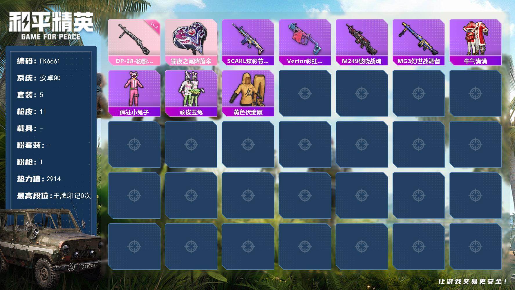 和平精英账号安卓QQ0载具-5套装-11枪皮-H13022安卓Q区-1特效枪-2914热力值-5套装-11枪皮【稀有武器