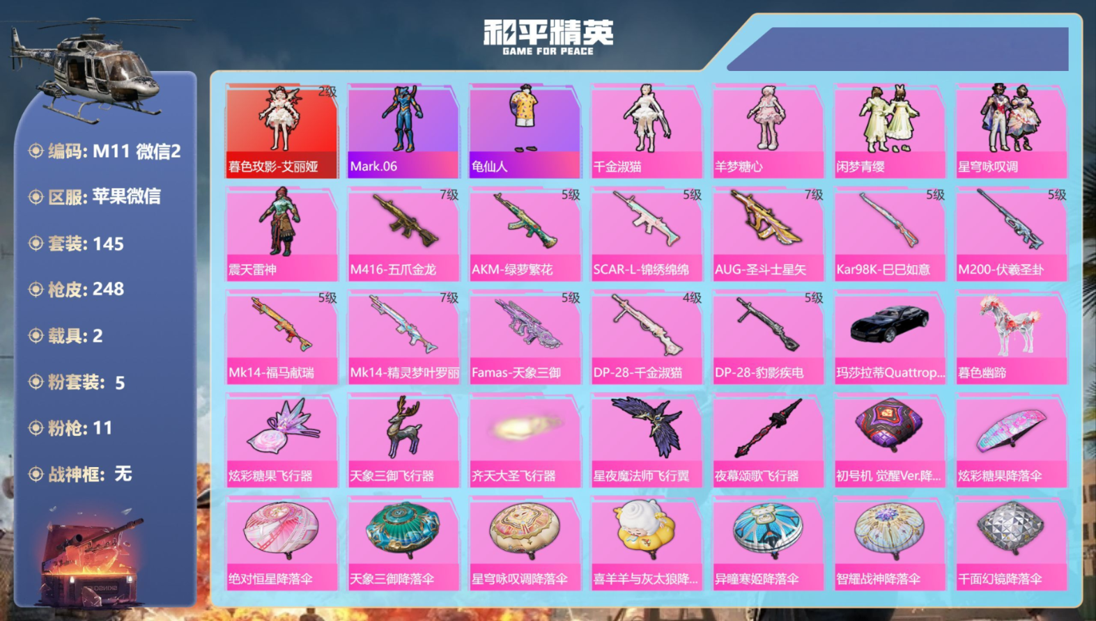 和平精英账号苹果微信2载具-145套装-248枪皮-1红装2载具5粉装11特效枪4热门145套装247枪皮 79362热