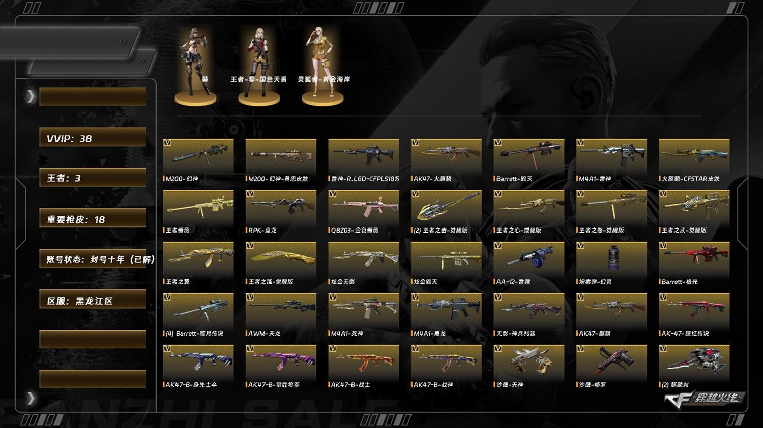 穿越火线账号北部战区黑龙江一区8488/北部/黑龙江大区/38V/幻神/幻神黄忠/QBZ金色蔷薇/王者蔷薇//雷神/火麒麟/王者之