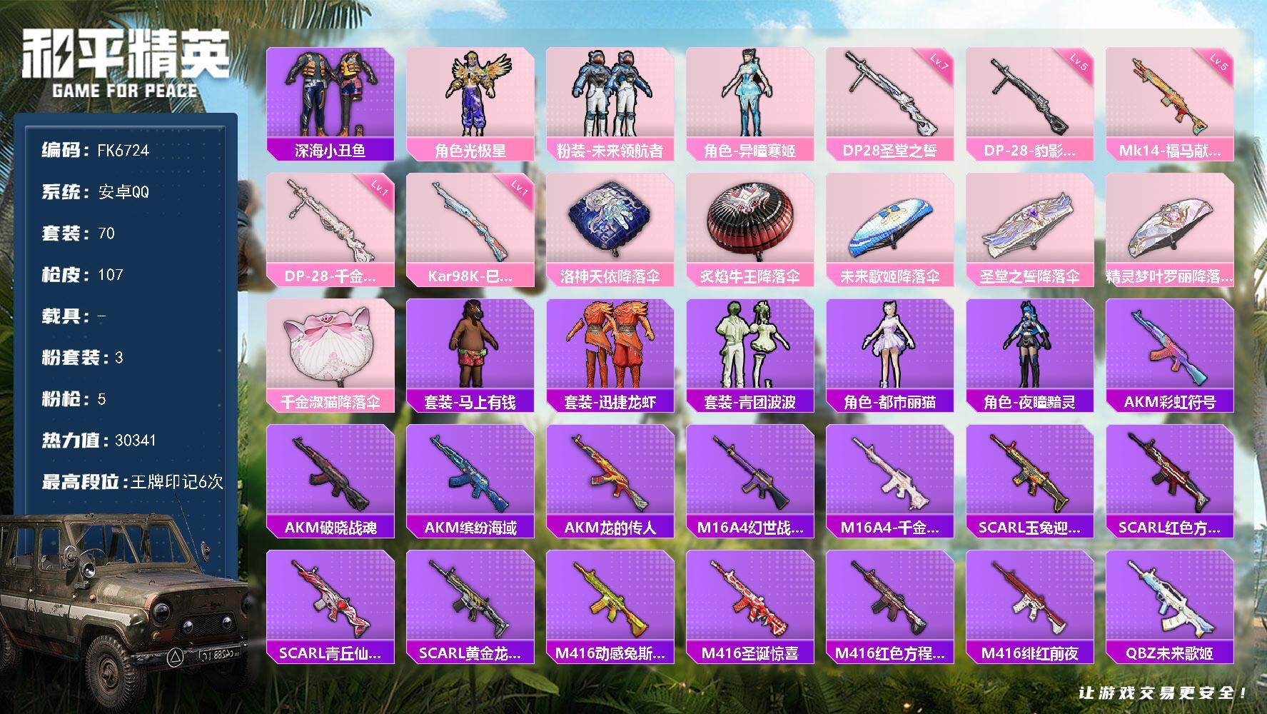 和平精英账号安卓QQ0载具-285套装-107枪皮-安卓Q区-3粉装-5特效枪-30341热力值-6王牌印记-70套装-107枪皮【优质套装】： 异瞳寒姬 光极星 未来领航者【特效枪等级】：DP-28-千金淑猫(一级- 
