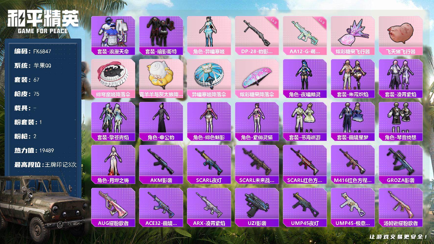 和平精英账号苹果QQ0载具-67套装-75枪皮-H13208苹果Q区-1粉装-2特效枪-19489热力值-3王牌印记-67套装-75枪皮【优质套装】： 异瞳寒姬【稀有武器皮肤】： M416-红色方程式 AKM-影袭 SC
