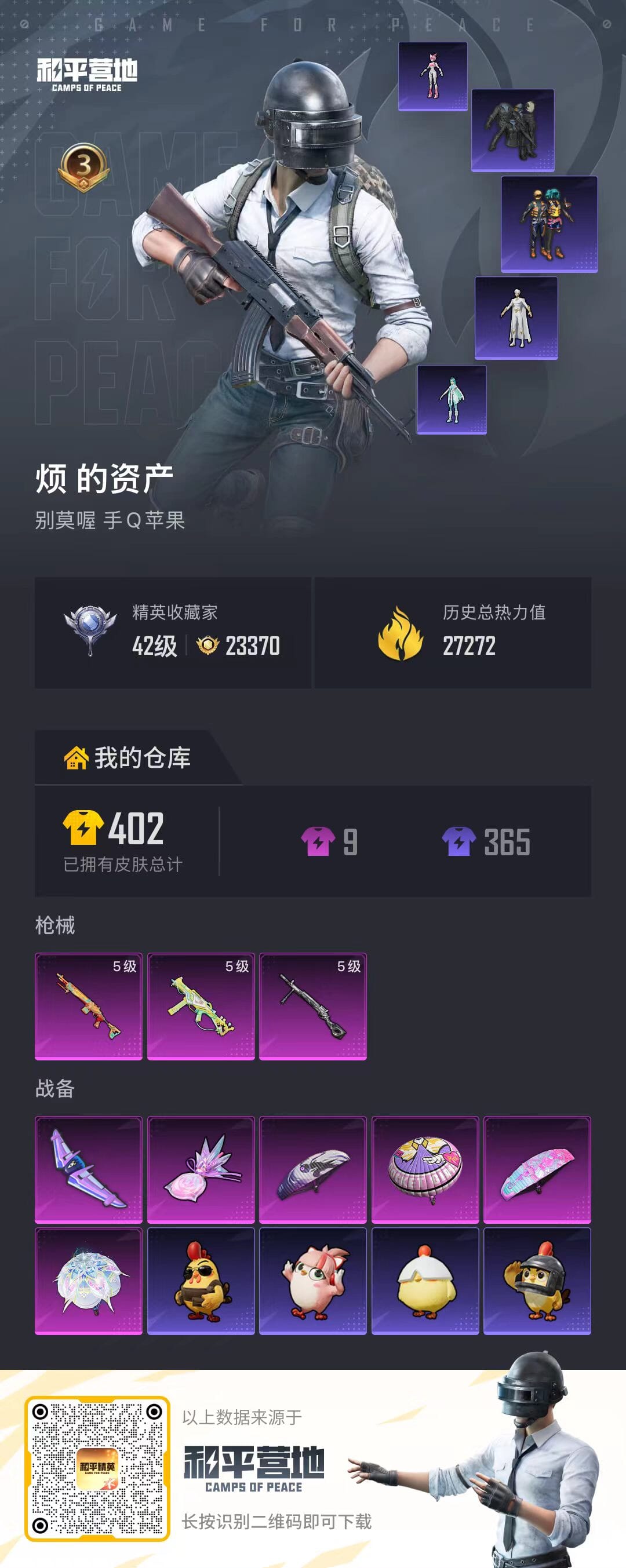 和平精英账号苹果QQ0载具-331套装-103枪皮-ABC11499/苹果QQ/钱包已注销/营地ID// 【3粉枪-0载具-2珍稀飞行器-83套装-103枪皮-43局内动作】热力值：27272  精英收藏家：42级  历