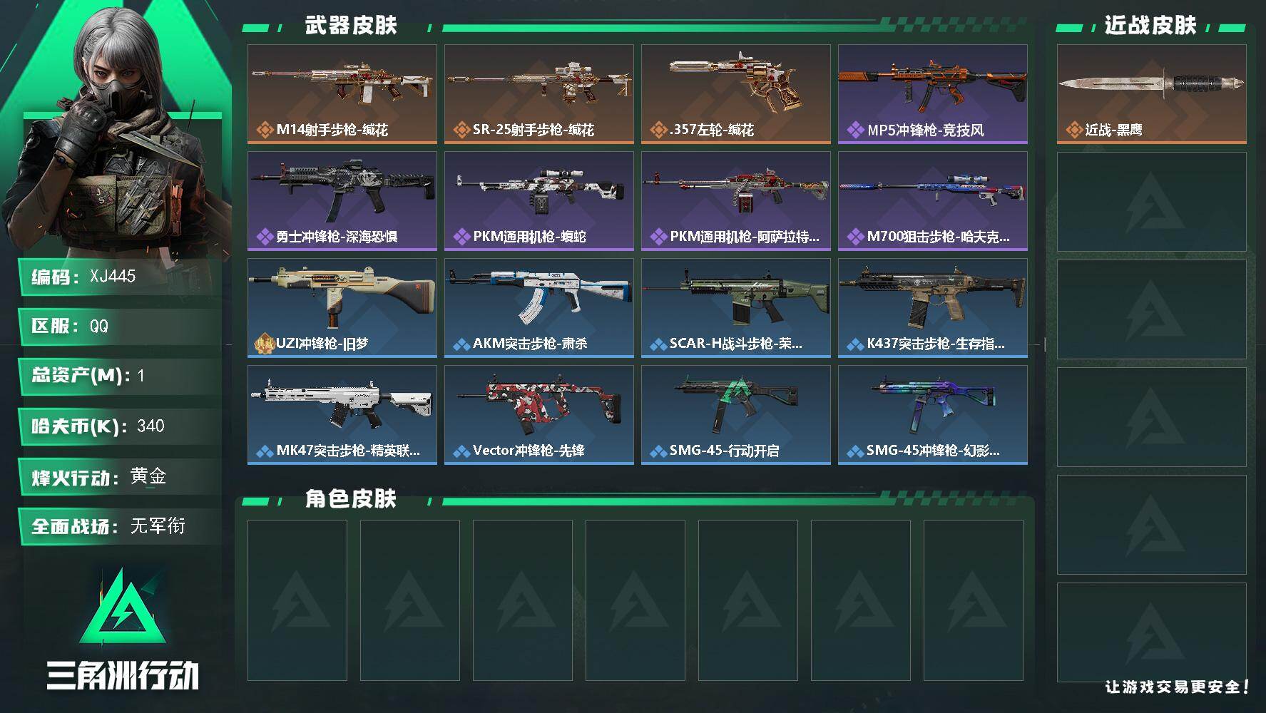 三角洲行动账号QQSJ445【总资产1M，哈夫币340K，行动等级:47，枪皮:51】
【近战武器】 近战-黑鹰
【其他典藏】 UZI冲锋枪-旧梦
【枪皮】 K437突击步枪-生存指令 K416突击步枪-高雅黑 