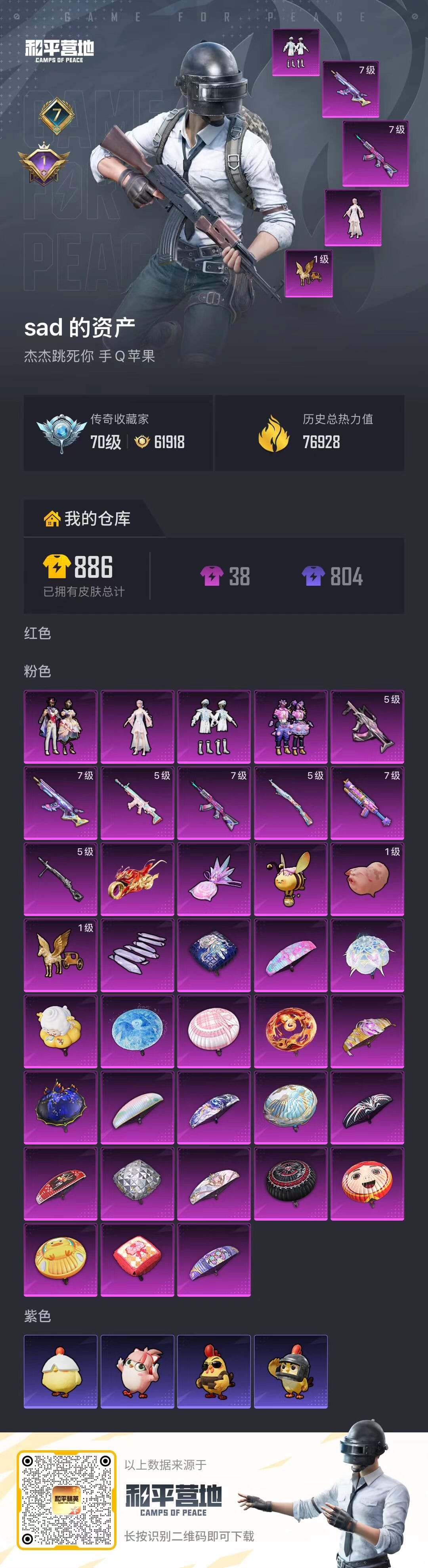 和平精英账号苹果QQ1载具-649套装-240枪皮-ABC11523/苹果QQ/钱包已注销/营地号ID// 【4粉装-7粉枪-1载具-5珍稀飞行器-170套装-240枪皮-78局内动作】传奇收藏家：70级  热力值：76