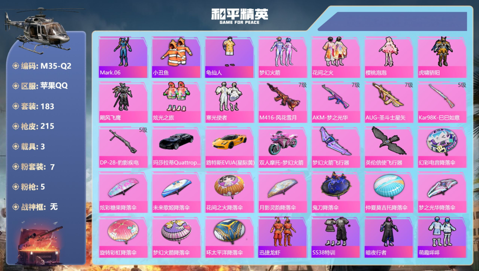 和平精英账号苹果QQ3载具-183套装-215枪皮-3载具7粉装5特效枪16热门183套装215枪皮 70814热力值 