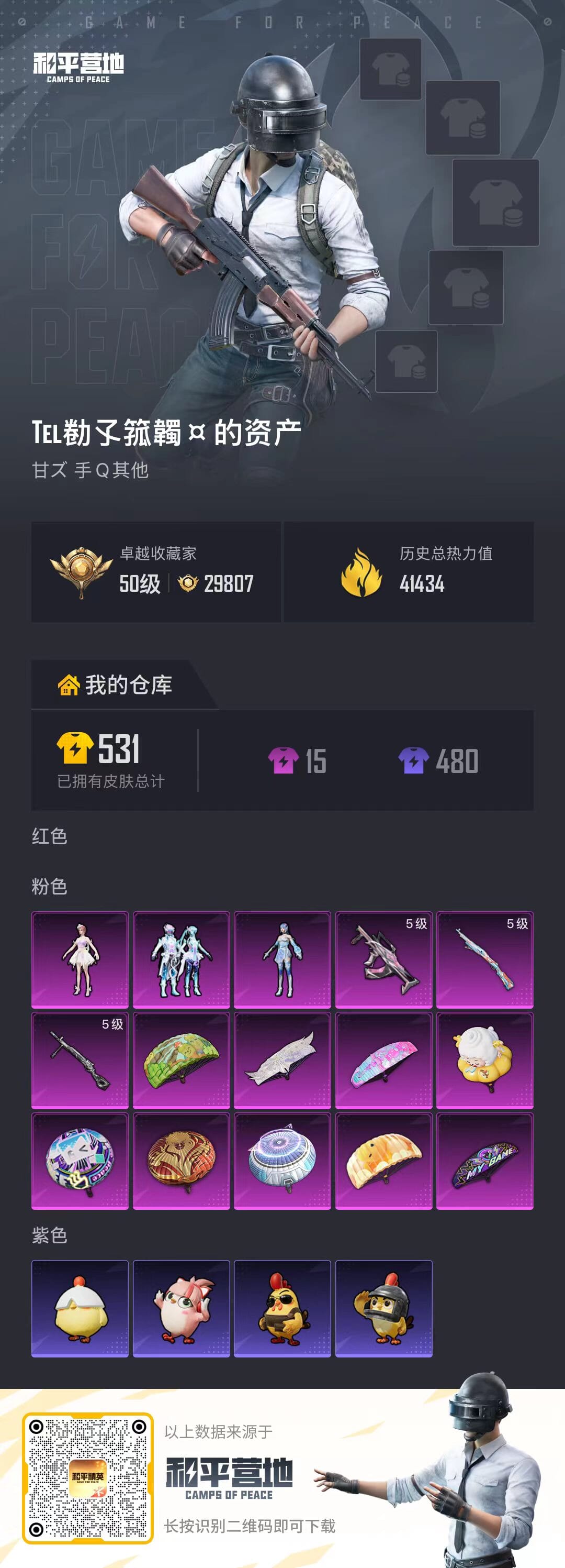 和平精英账号安卓QQ0载具-332套装-152枪皮-ABC11566/安卓QQ/钱包已注销/营地号ID// 【3粉装-3粉枪-0载具-0珍稀飞行器-85套装-152枪皮-58局内动作】卓越收藏家：50级  热力值：414