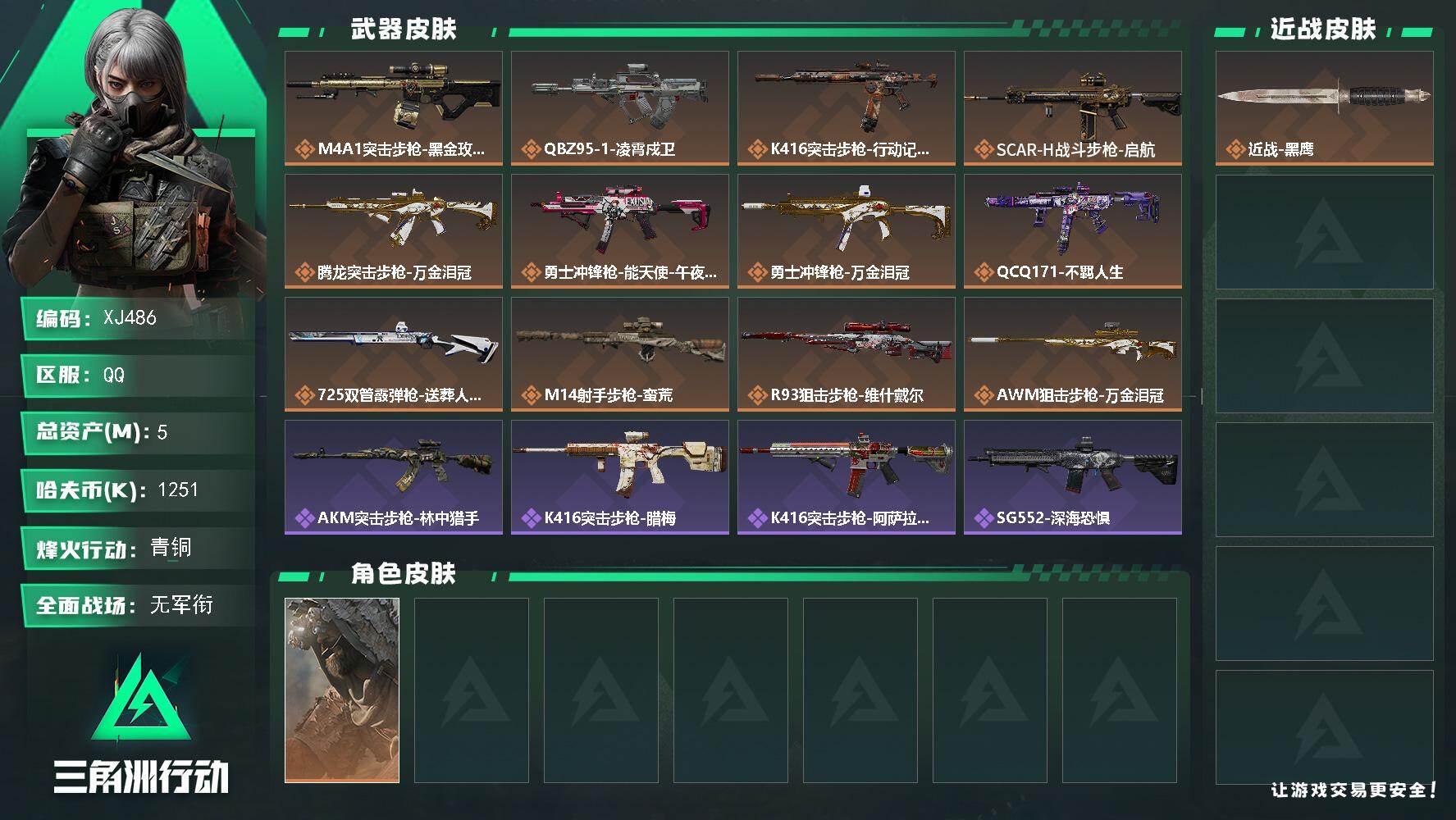 三角洲行动账号QQSJ486【总资产5M，哈夫币1,251K，行动等级:53，干员皮肤:1，枪皮:113】
【近战武器】 近战-黑鹰
【干员皮肤】 乌鲁鲁-荒原猎手
【载具】 防空车-森林迷彩
【其他典藏】 M