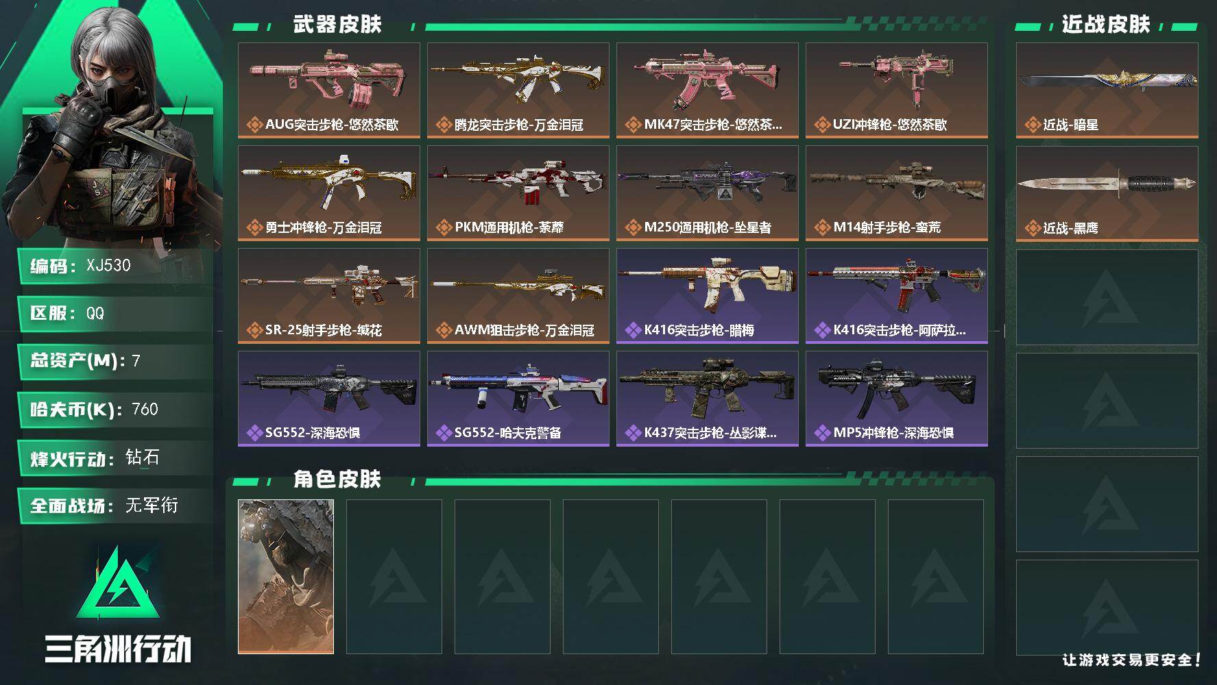三角洲行动账号QQSJ530【总资产7M，哈夫币760K，行动等级:60，近战数量:1，干员皮肤:1，枪皮:119】
【近战武器】 近战-暗星 近战-黑鹰
【干员皮肤】 乌鲁鲁-荒原猎手
【其他典藏】 MP5冲锋