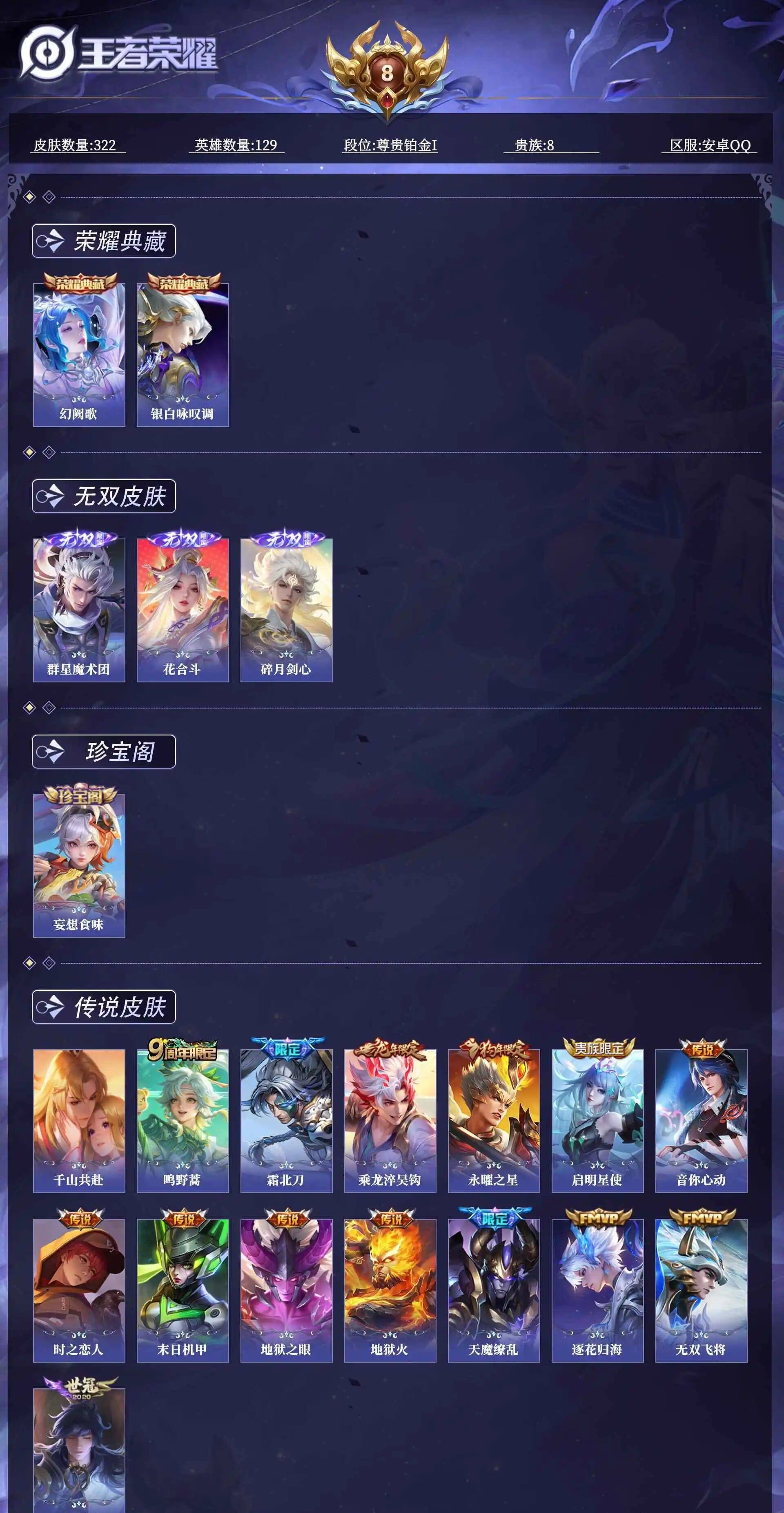 王者荣耀账号安卓QQ129英雄-322皮肤-"AD1064/安卓QQ/王者营地号//贵8/【 荣耀典藏2 无双3 传说皮肤15 史诗皮肤85 皮肤数量322 皮肤价值: 英雄129 】尊贵铂金I【英雄数量】129【皮肤数