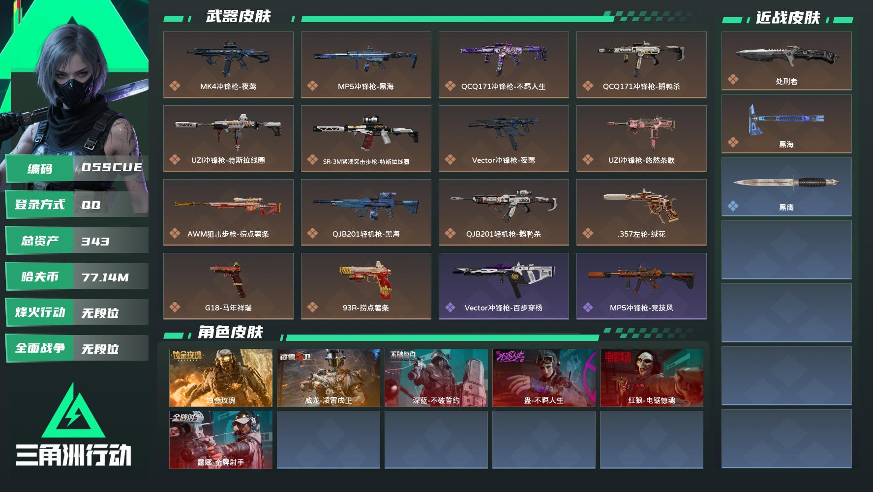 【终身售后 找回包赔】QQ包人脸，【总资产】：343M，【烽火段位】：无段位，【全面战场段位】：无段位，【哈夫币】：，【三角券】：116，【安全箱】：高级安全箱，【干员皮肤】：深蓝-不破誓约,蚀金玫瑰,威龙-凌霄戍卫,蛊-不羁人生,红狼-电锯惊魂,露娜-金牌射手，【近身武器】：处刑者
