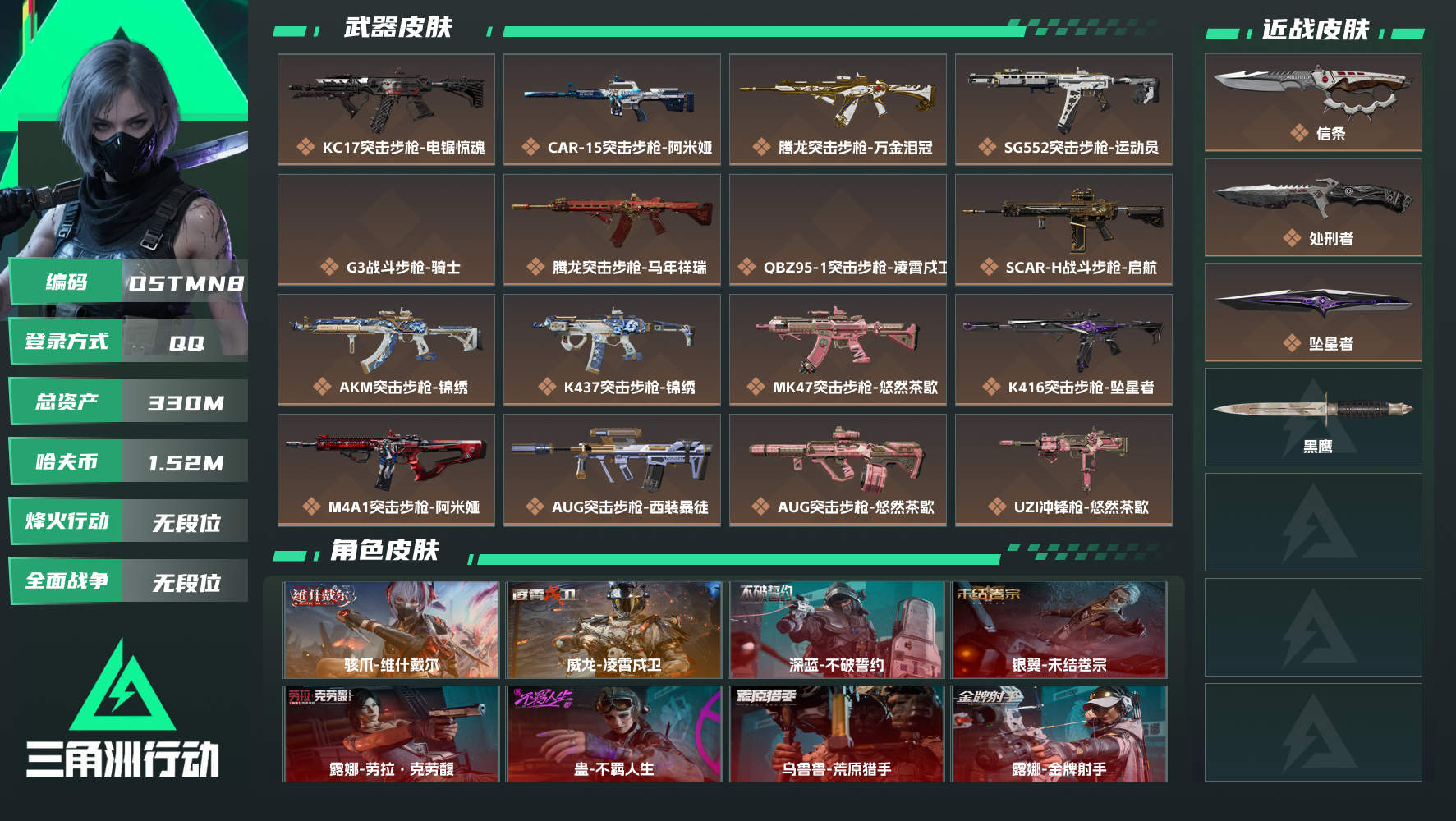 【终身售后 找回包赔】QQ包人脸，【总资产】：330M，【烽火段位】：无段位，【全面战场段位】：无段位，【哈夫币】：，【三角券】：80，【安全箱】：S9顶级安全箱，【干员皮肤】：深蓝-不破誓约,银翼-未结卷宗,露娜-劳拉·克劳馥,骇爪-维什戴尔,威龙-凌霄戍卫,蛊-不羁人生,乌鲁鲁-荒