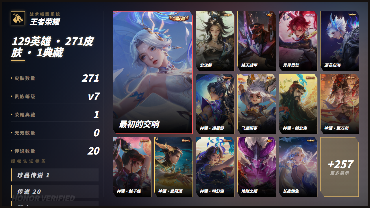 不可二次实名，1珍品传说皮肤，20传说皮肤，69史诗皮肤，129英雄，【贵族等级】V7，271皮肤，1典藏皮肤，【皮肤】最初的交响|沧流箭|至尊宝|神骥·逐星野|神骥·鸣幻洲|幻珠鲛人|神骥·聚万邦|神骥·镇沧海|神骥·越千峰|神骥·赴朔漠|异界灵契-花木兰|长夜焕生|神树通天|愿照·九州拓|逐花归海|地狱之眼|一念神魔|鸣野蒿|仲夏夜之梦|久胜战神|群星魔术团-云中君|地狱火|飞鸢探春|绛天战甲|金色仲夏夜|幽冥火|弘道录|海之女神|天穹守望者|百晓客|锁墨魂|撼世英歌|奇遇梦乡|线条小狗-小乔|线条小狗-周瑜|巫礼祀神|万灵启世|罗小黑战记-百里玄策|傩神司|光弋星穹|涂山容容|百相守梦-